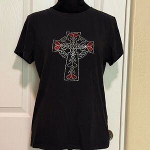 Reserved Black Tee with Red Cross Design